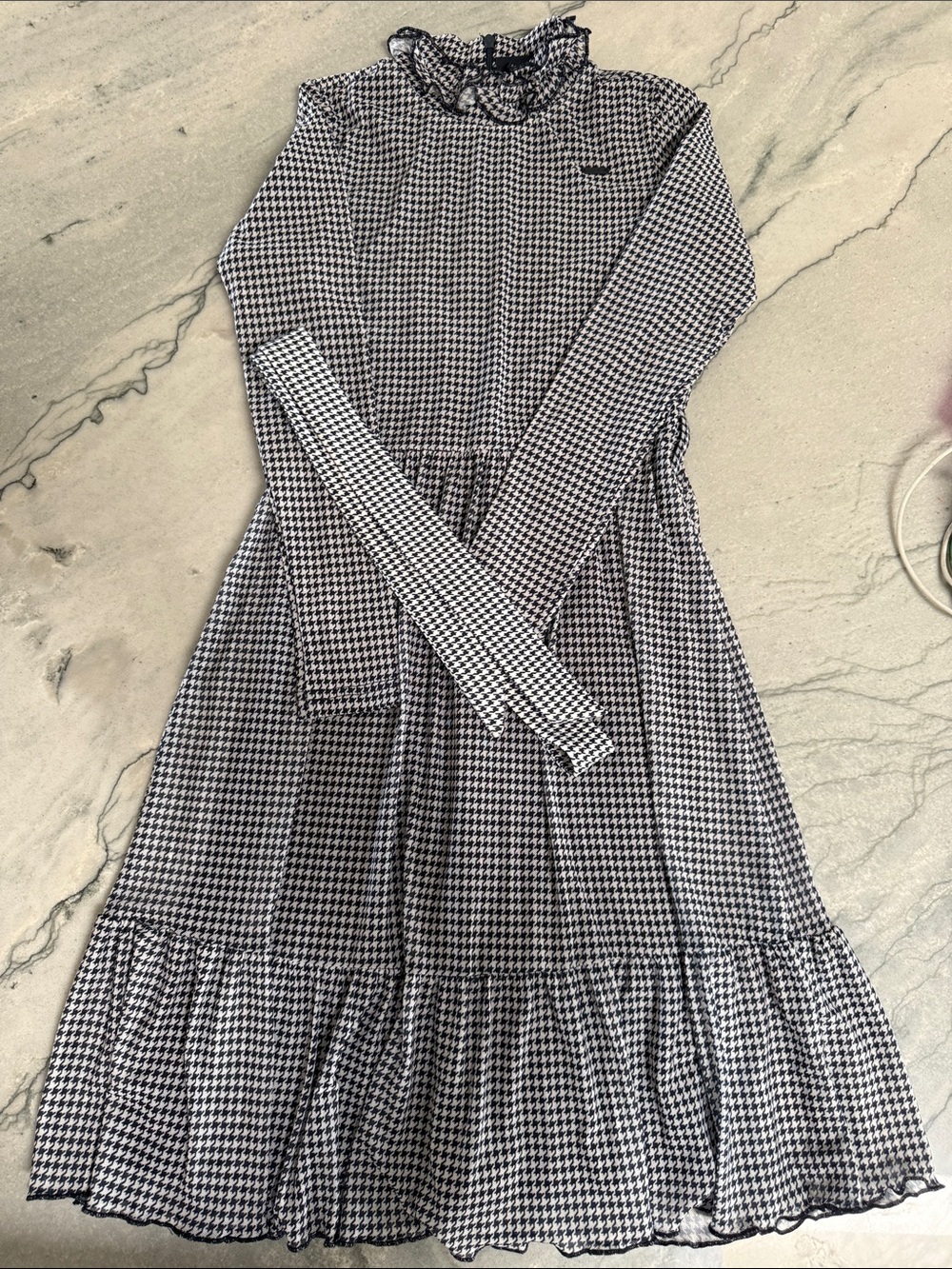 Le Chic girls navy & White Houndstooth Long Sleeve Ruffle Neck Dress